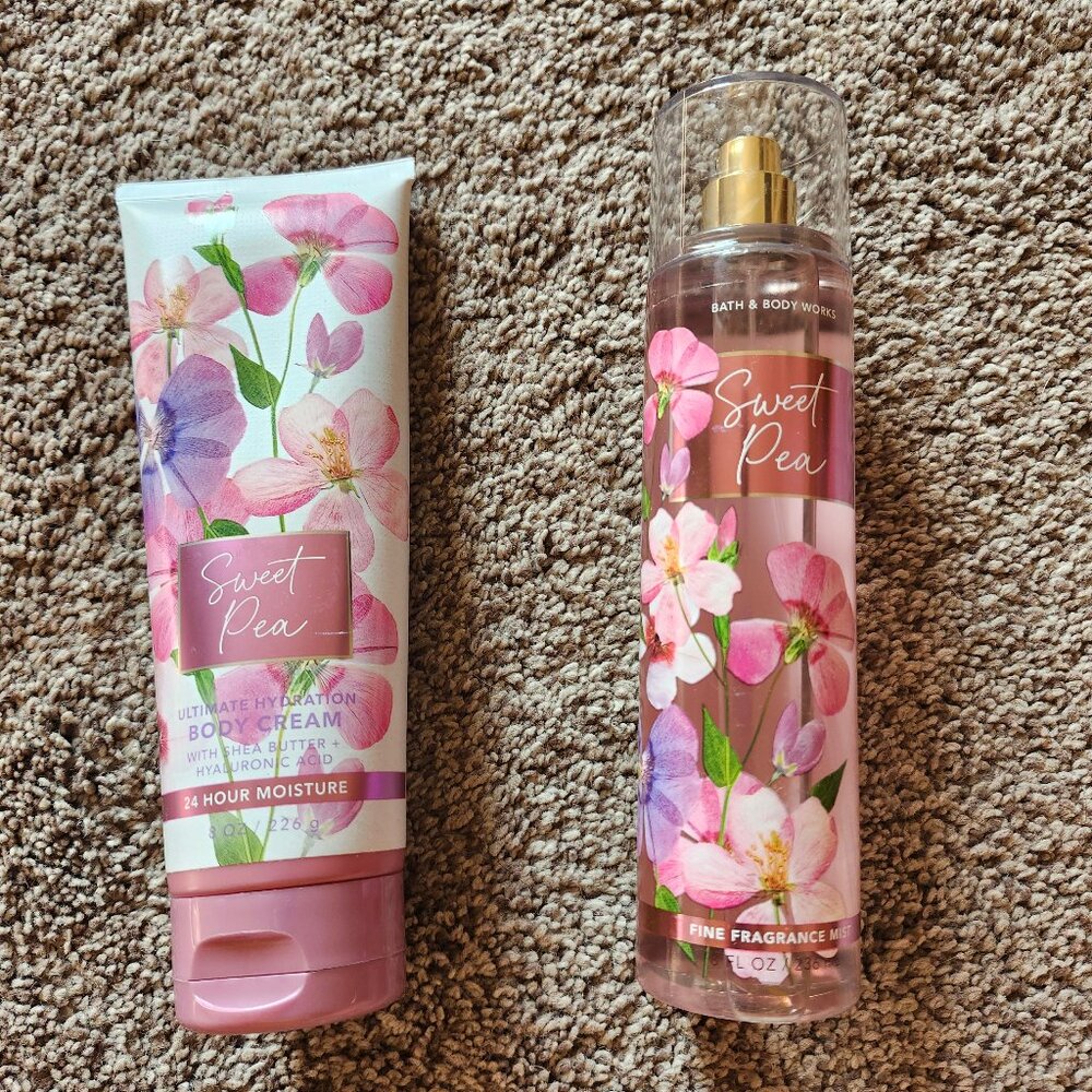 New SWEET PEA Bath & Body Works Fragrance Mist Spray 8 oz + Body Cream 8 oz